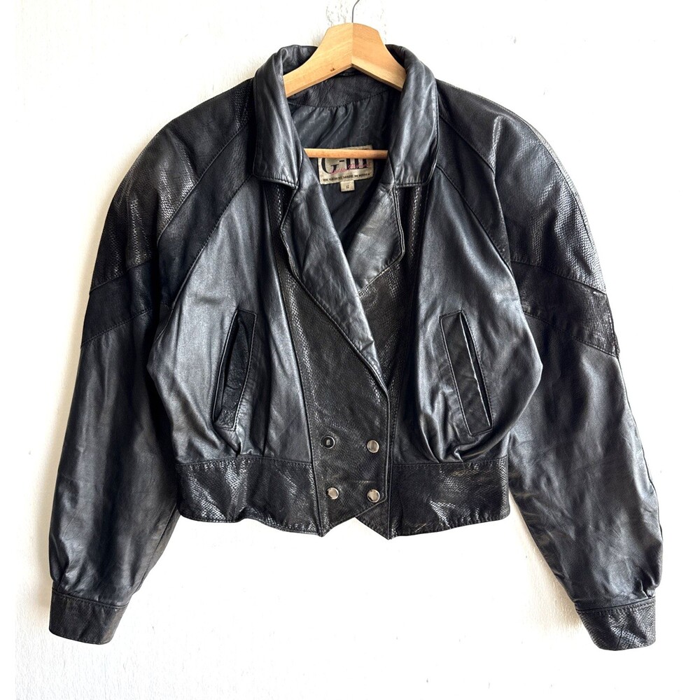 VTG G-III Black Leather Cropped Jacket Women’s Small 80s Bomber Textured Panel